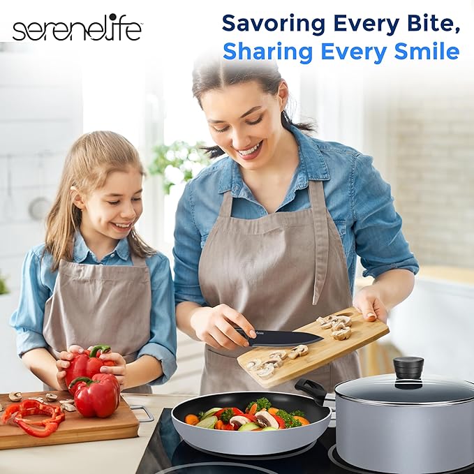 SereneLife Kitchenware Pots & Pans, Basic Kitchen Cookware Set, Black Non-Stick Coating Inside, Heat Resistant Lacquer (20-Piece Set), One Size, Gray