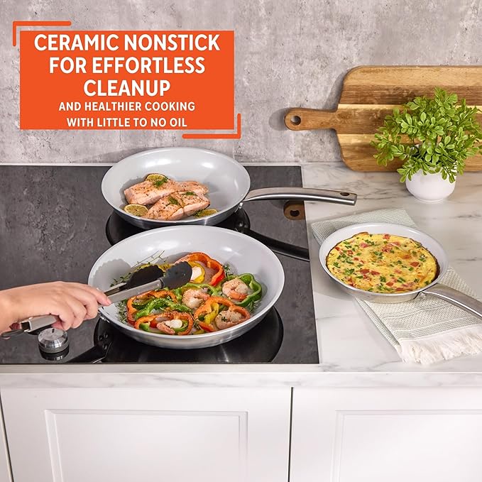 IMUSA 3-Piece Fry Pan Set 8”, 10” & 12” | Ceramic Nonstick Stainless Steel Induction Cookware | Aluminum Skillet Set for Frying, Sautéing & Stir Fry | Oven Safe Cookware with Comfortable Handles