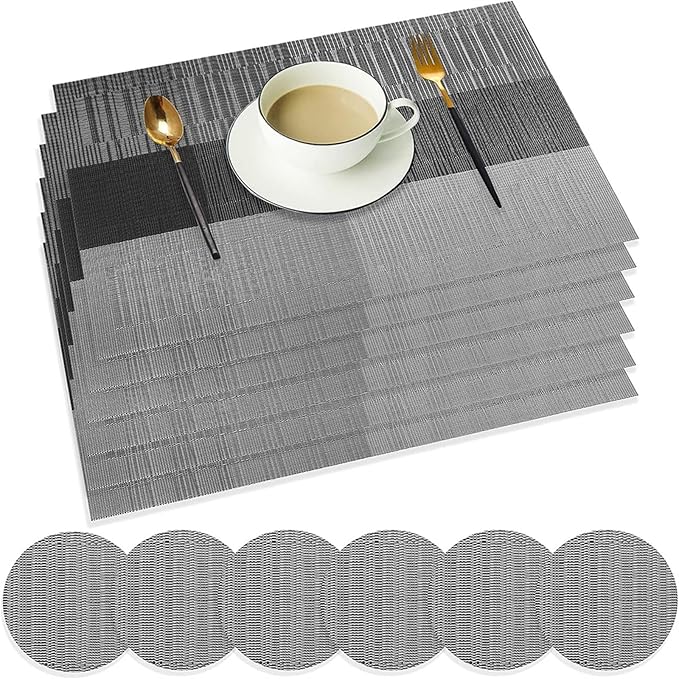 Sets of 6 Placemats Simple Table Place Mats and Coasters Premium Heat Washable Tableware Dining Table Mats(Grey and Black)