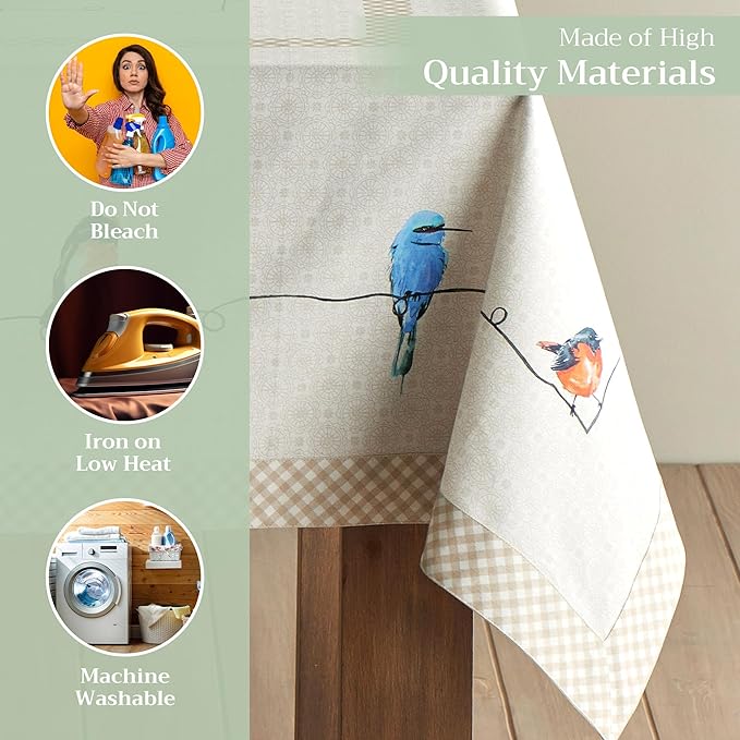 Maison d' Hermine Table Cloth Rectangle Table 100% Cotton 70 x 108 Inches Tablecloth Reusable Decorative for Dining Room Farmhouse Home Valentines Day Decorations Spring Summer - Birdies on Wire