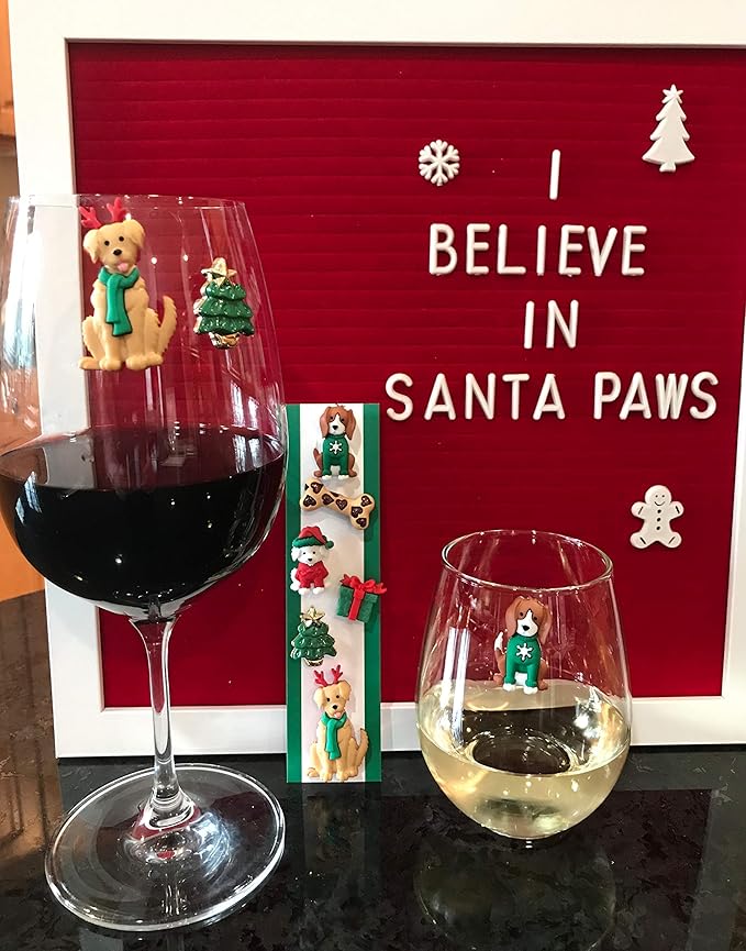 Simply Charmed Christmas Dog Wine Glass Charms - Magnetic Drink Markers for all Your Holiday Beverages Set of 6