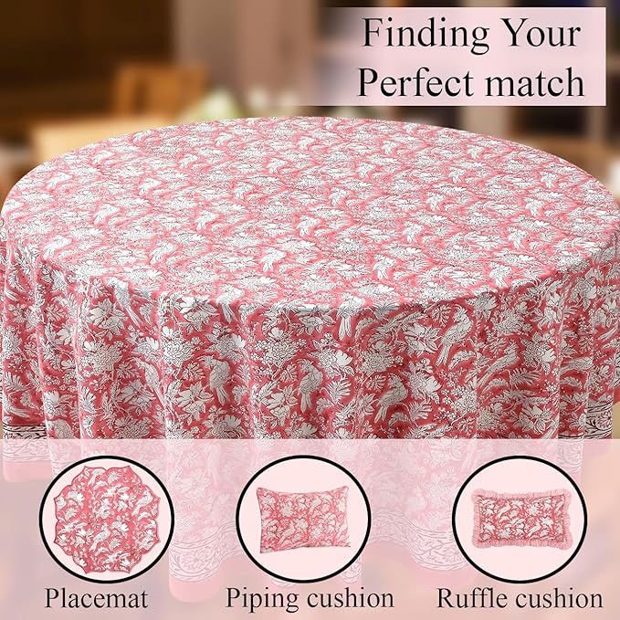 CPC Round Tablecloth- Cotton Indian Block Print Tablecloth -Handmade Printed Washable Cotton Table Cloth - Spring/Summer, Wedding Table Cover - Coral Pink 90 Inch