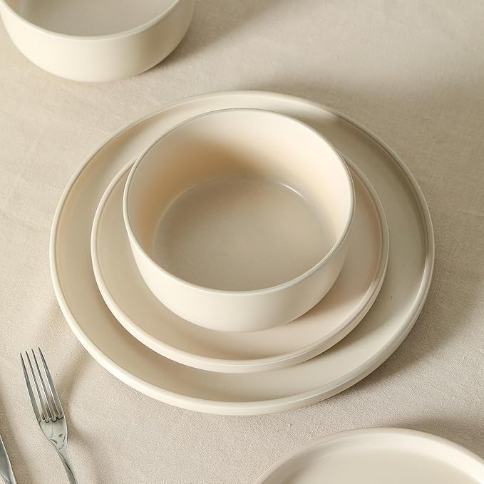 Earth & Clay Amber 24-Piece Dinnerware Set Stoneware, Dishwasher and Microwave Safe Plates and Bowls Set, Dish Set for 8, Beige