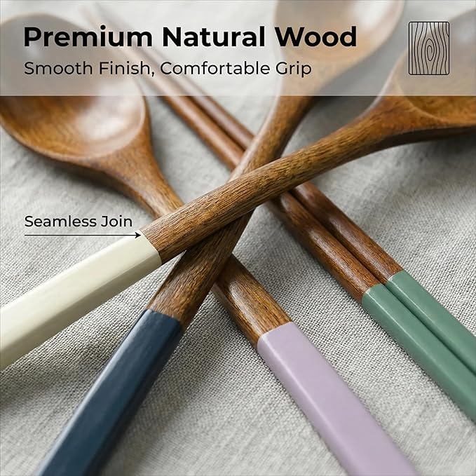 Handmade Wooden Cutlery Set by Diulazin - 4PCS Reusable Spoon and Chopsticks, High-Grade for Daily Use, Parties, Banquets, Buffets, Catering - Eco-Friendly, 9 Inch (Style B)