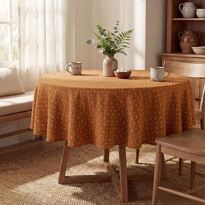 Horaldaily Caramel Round Table Cloth, Cross-Star Solid Textured Embroidery Tablecloth, Wrinkle Free Washable 60×60 Inch Table Cover for Kitchen, Party, Wedding, Picnic, Outdoor