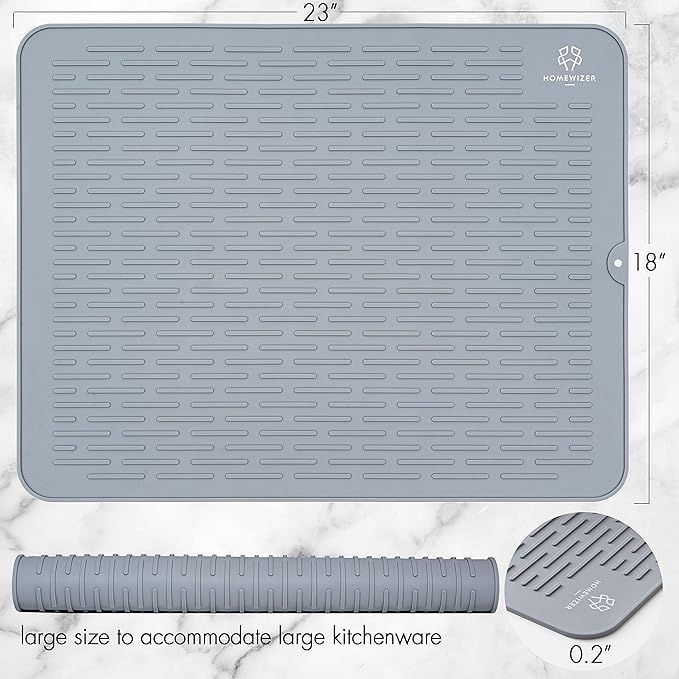 Silicone Dish Drying Mat for Kitchen Counter, Extra Large, 23” x 18” Heat Resistant, Non-Slip Design, Quick Dry, Easy Clean, Raised Edge Holds Water, BPA Free, Food Grade Silicone- Gray