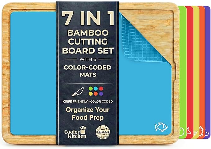 Cooler Kitchen Wooden Cutting Boards for Kitchen with 6 Flexible Plastic Mats - Meal Prep and Serving, Easy Clean Bamboo Cutting Board and Dishwasher Safe Plastic - Large Wood Cutting Board Set