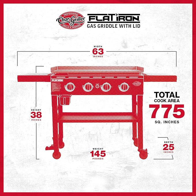 Char-Griller® Flat Iron 4-Burner Propane Gas Flat-Top Griddle with Steel Griddle Top, Wind Guards and Instant-Ignition, 775 Cooking Square Inches in Black, Model E8936