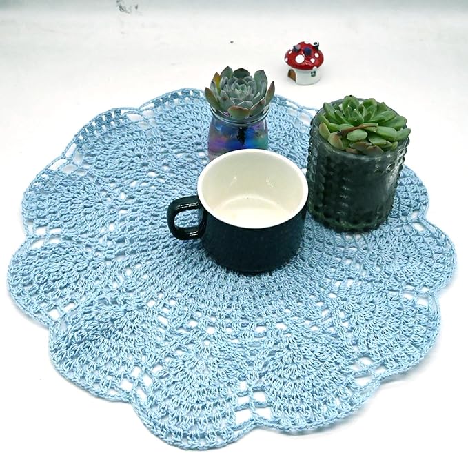 BIBITIME Round Flower Lace Doilies Vase Mats Kitchen Tablecloth Dish Plate Mat Handmade Crochet Table Doily Placemats (Light Blue, 11.8 in to 13.8 in,2PCS)