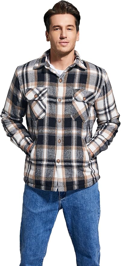 Men's Cotton Sherpa Lined Button Down Flannel Shirt Jacket Plaid Soft Outdoor Flannel Jacket Shirt