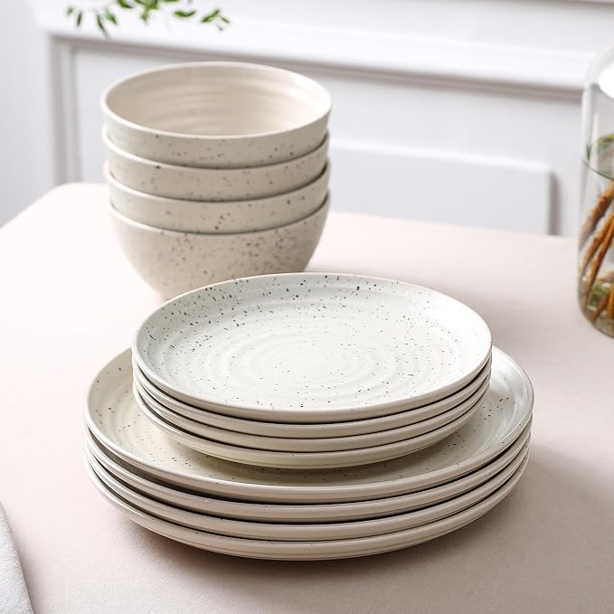 Stone Lain Dua 24-Piece Dinnerware - Stoneware, Plate and Bowls, Dishwasher and Microwave Safe, Dish Set for 8, White