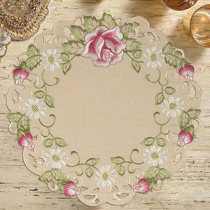 Decozen Set of 4 Doilies for Table, Lace Doilies - Rustic, Crochet, Farmhouse, Kitchen, Round Table Placemats - Valentines Day Decorations - 15 inch Beige, The Docia Collection