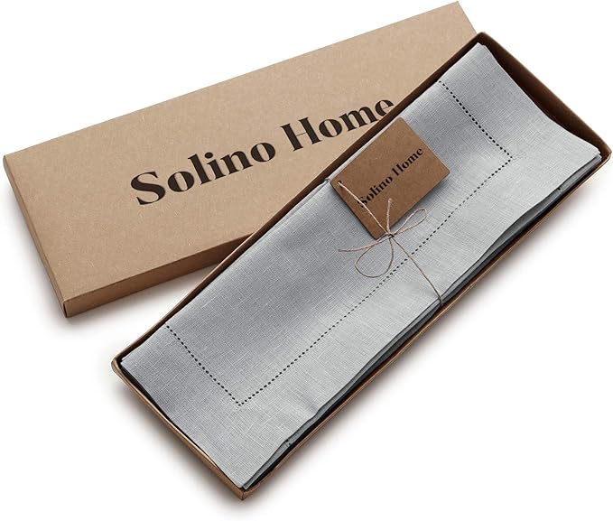 Solino Home Linen Placemats Set of 4 - Classic Hemstitch Soft Grey Placemats 14 x 19 Inch - 100% Pure Linen Table Mats for Winter, Spring, Easter