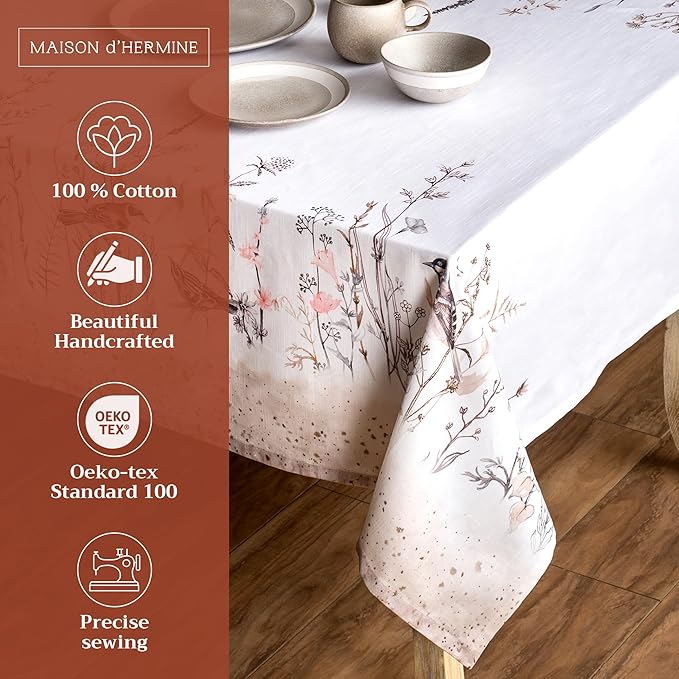 Maison d' Hermine Table Cloth Square Table 100% Cotton 54 x 54 Inches Tablecloth Reusable Decorative for Dining Room Farmhouse Home Valentines Day Decorations Spring Summer - Meadow Florals - Brown