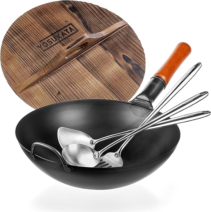 YOSUKATA Carbon Steel Wok Pan – 13,5 “ Stir Fry Pans with Flat Bottom + Wooden Wok Lid 13.5 in with Ergonomic Handle + 17" Spatula and Ladle and Turner