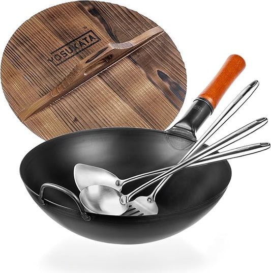 YOSUKATA Carbon Steel Wok Pan – 13,5 “ Stir Fry Pans with Flat Bottom + Wooden Wok Lid 13.5 in with Ergonomic Handle + 17" Spatula and Ladle and Turner