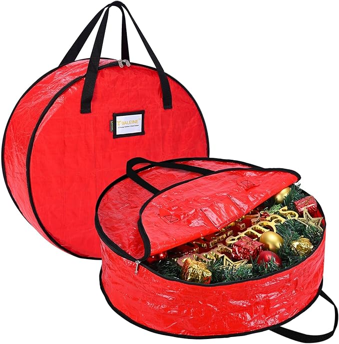 BALEINE Wreath Storage Container, 2 Pack Christmas Wreath Storage Bag with Tear Resistant PE Material and Reinforced Handle for Holiday Xmas (Red, 36"x8")