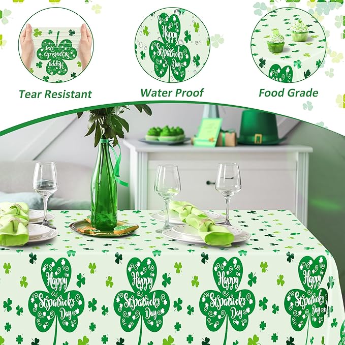 QZYL 2 Pcs St Patricks Day Decorations, 108" X 54" Shamrock Decorations, Plastic Happy St. Patrick's Day Tablecloth, Shamrock Tablecovers, Disposable Rectangle Irish Green Table Cloth for Lucky Party