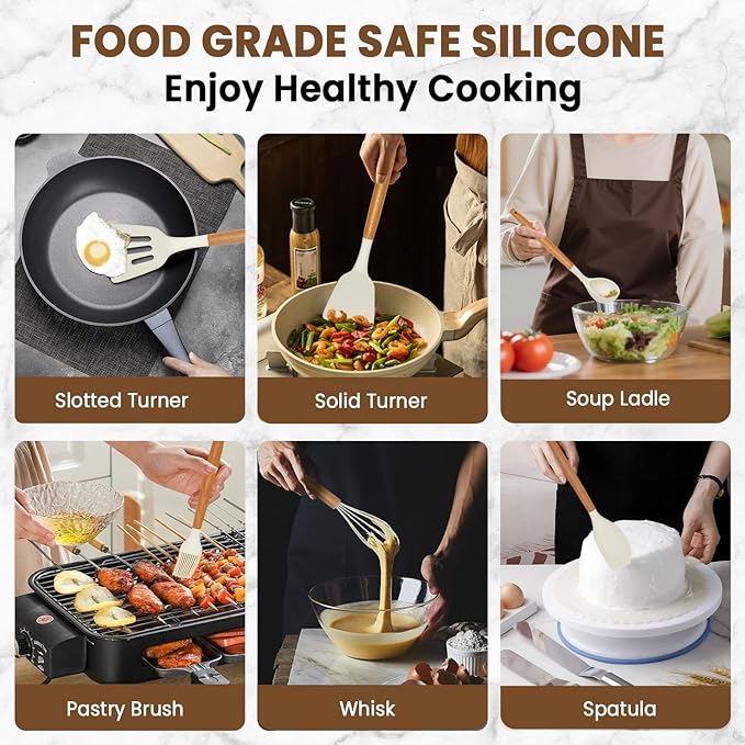 Kitchen Utensils Set - Silicone Cooking Utensils Set - 12 Pcs for Cooking, Spatula,Turner, Spoon, Brush, Useful Pots and Pans Accessories, Kitchen Gadgets for Non-Stick Cookware BPA FREE