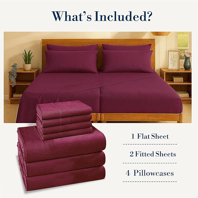 Casa Platino Split King Size Sheet Set – 7 Piece Cooling Sheets Split King Size 100% Cotton Crisp Percale Sheets with Breathable & Cozy Feel, 15" Deep Pocket Fitted Sheet for Secure Fit – Windsor Wine