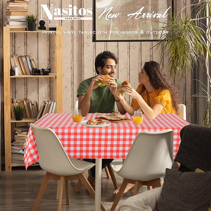Nasitos 2 Pack Vinyl Table Cloth Flannel Backed 60x102 Inch-Rectangle Waterproof Tablecloth Checkered Red and White, Wipeable Plastic Table Cover for Dinner Party, Kitchen, Outdoor