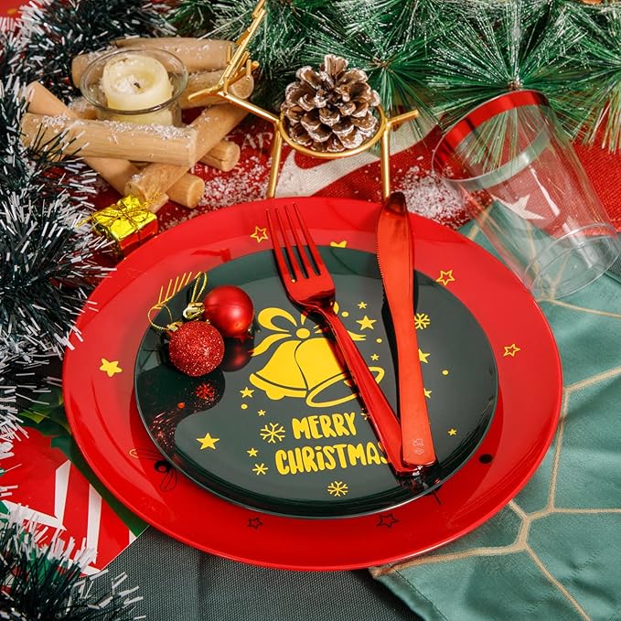WDF 175pcs Christmas Plates Plastic Disposable - 25Green Plates 25Red Plates with Gold Bells, 75Red Plastic Silverware, 25Clear Cups Red Rim and 25Christmas Tree Napkins for Parties