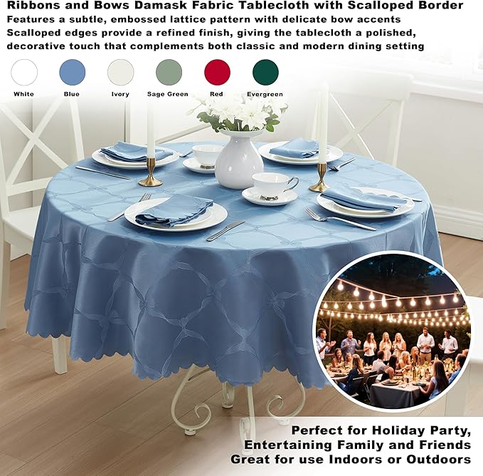 Newbridge Ribbons and Bows Damask Spring & Easter Holiday Fabric Tablecloth, Blue, 70 Inch Round, Wrinkle & Stain Resistant Table Cover