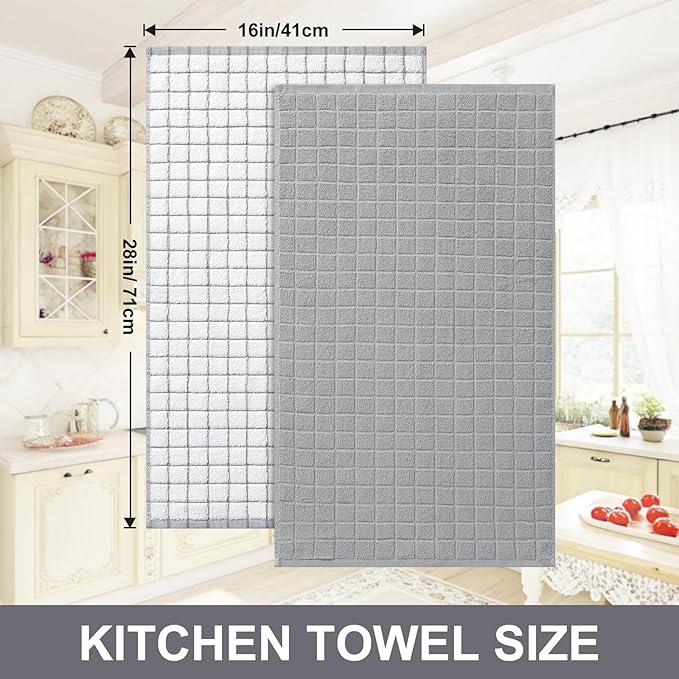 Homaxy Premium Cotton Kitchen Towels 16"x 28", Large Natural Ring Spun 390 GSM Dish Towels, Super Absorbent Terry Kitchen Hand Towels, Soft Tea Towels with Hanging Loop, Light Grey Check, 6 Pack