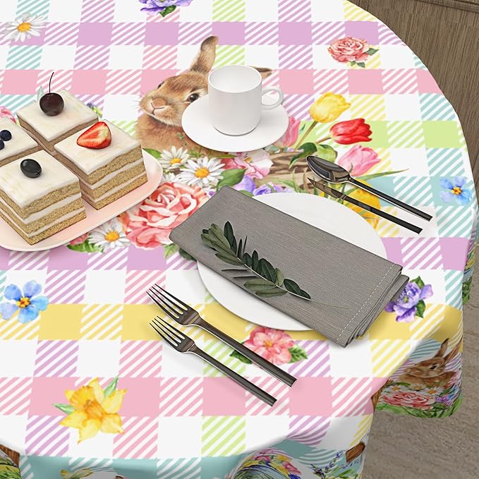 Easter Rabbit Round Tablecloth 70 Inch Easter Bunny Floral Colorful Buffalo Plaid Circle Table Cloth Seasonal Holiday Rustic Table Cover for Party Kitchen Dinner Home Decor