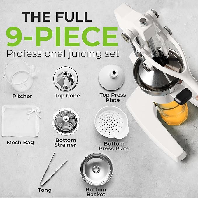 Zulay Kitchen Pulverizer 9 in 1 Cast Iron Juicer - Easy-to-Clean Heavy-Duty Manual Juicer with Presser Attachment to Juice All Types of Fruits! Extra Tall with Stainless Steel Bowl - White