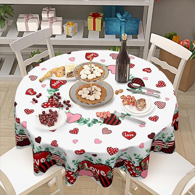 Valentines Day Round Tablecloth 60 Inch Red and Pink Hearts Eucalyptus Circle Table Cloth Valentine Holiday Table Cover for Party Kitchen Dinner Home Decor
