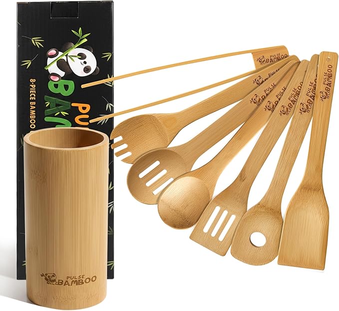 Bamboo 8-Piece Utensil Gift Set with Holder – Wooden Cooking Utensils for Kitchen, Non-Scratch Bamboo Spoons & Spatulas for Nonstick Cookware, Eco-Friendly, Housewarming & Everyday Use
