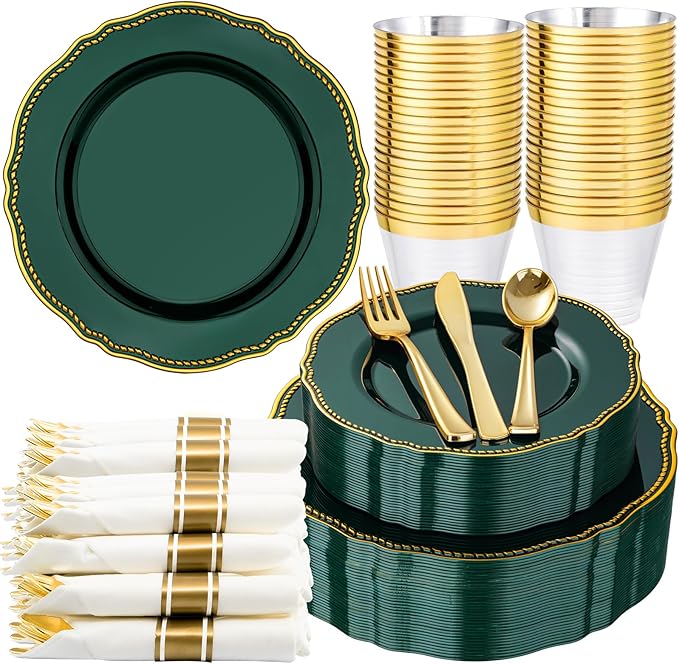 Hioasis 175pcs Green Gold Plastic Plates - Gold Plastic Dinnerware Set Includes 25 Dinner Plates, 25 Dessert Plates, 25 Gold Utensils, 25 Napkins Perfect for Wedding & St. Patrick's Day
