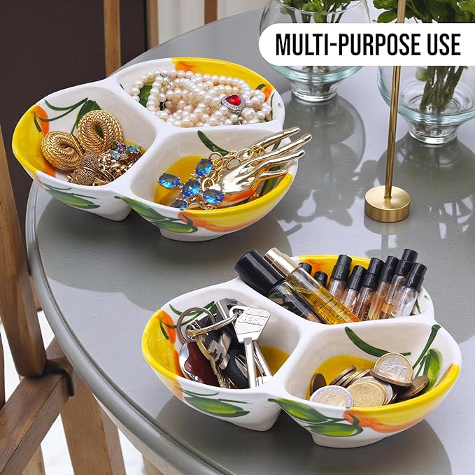 Ceramic Chip & Dip Bowl 7.5”, 3-Compartment Divided Serving Dish & Condiment Tray for Appetizers – Handmade in Spain, Lead-Free Glaze, Microwave, Oven & Dishwasher Safe