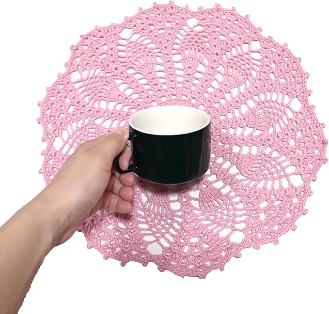 BIBITIME 2 PCS 11 inches to 12 inches Lace Doilies Crochet Handmade Lace Coasters Round Placemat Rustic Table Doilies Decors for Kitchen Dining Room Party Dressers Pink