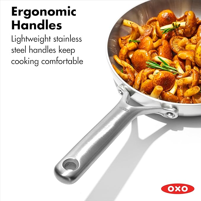 OXO Mira Tri-ply Stainless Steel, 10 Piece Cookware Pots and Pans Set, Skillets, Saute, Saucepans, Lids,Incl Ceramic Nonstick Frying Pan,Induction,Multi Clad,Metal Utensil Safe,Dishwasher & Oven Safe