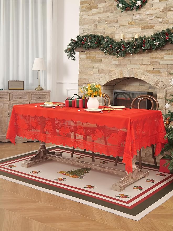 Jayla Christmas Red Lace Tablecloth, Vintage Red Lace Rectangular Tablecloth for Party Picnic Dinner Decor, 60 x 88 Inches