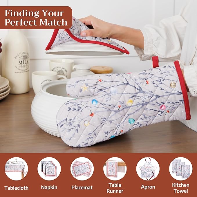 Maison d' Hermine 100% Cotton Oven Mitt & Pot Holder Set (7.5"x13" & 8"x8") Heat Resistant BBQ Cooking Gloves with Loop for Thanksgiving Christmas Decorations Handling Hot Pans (Fairy Christmas)