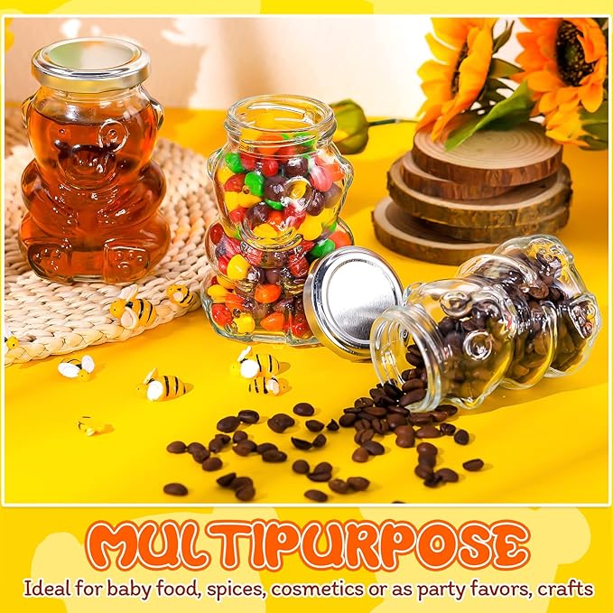 Patelai 24 Pack 6 oz Glass Honey Bear Jars with Silver Lids Reusable Small Honey Bear Shaped Glass Bottles Containers Dispenser for Candies, Birthday Wedding Party Favors
