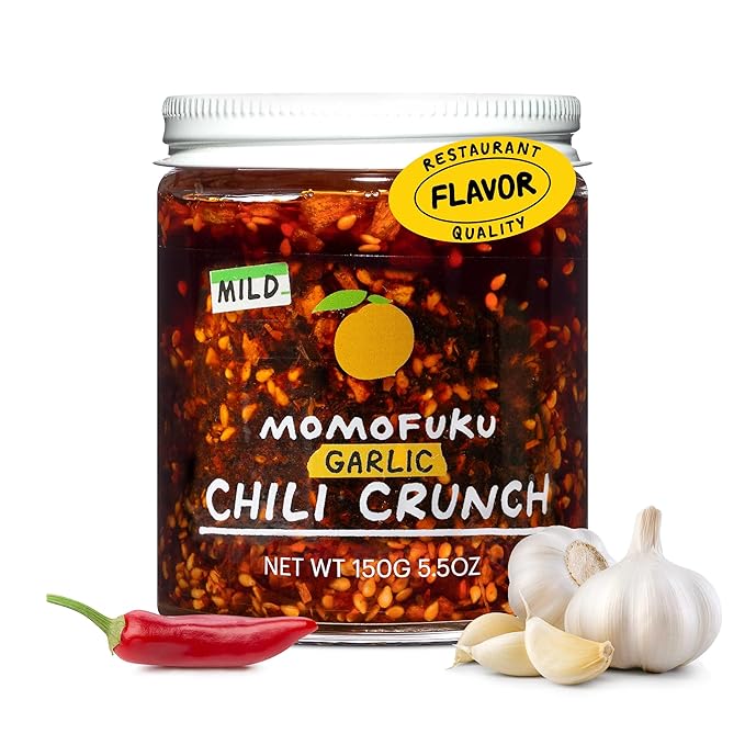 Momofuku Mild Garlic Chili Crunch by David Chang, (5.5 Ounces), Chili Oil with Crunchy Garlic and Shallots, Mild Chili Crisp