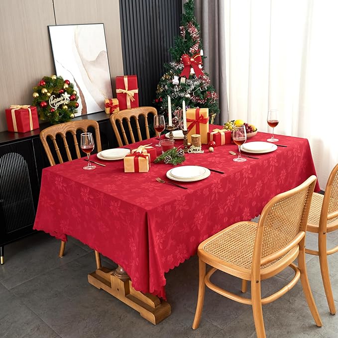 New Year Christmas Rectangle Tablecloth Red Jacquard Fabric Table Cloth Waterproof Washable Decorative Soft Table Cover for Kitchen Dinning Buffet Birthday Holiday Party(52X70 in)