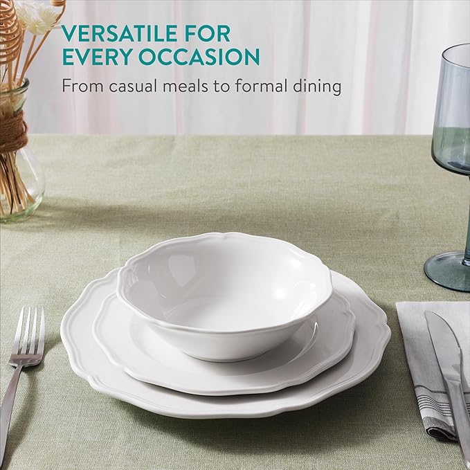 Navaris Scandi Style Porcelain Dinnerware Set - Ceramic Crockery Sets for 4 - Stackable Dishes with Dinner and Salad Plates Cereal Bowls - Dishwasher & Microwave Safe - 12pcs White