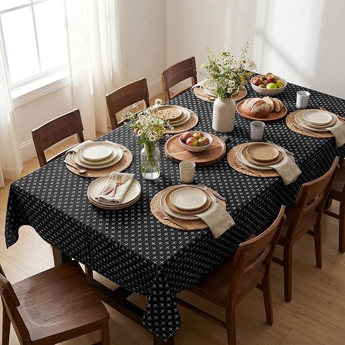 Horaldaily Black Rectangular Table Cloth, Cross-Star Solid Textured Embroidery Tablecloth, Wrinkle Free Washable 52×70 Inch Table Cover for Kitchen, Party, Wedding, Picnic, Outdoor