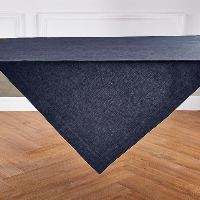 Solino Home Linen Square Tablecloth 52 x 52 Inch - 100% Pure Linen Chambray Navy Table Throw - Athena, Machine Washable Tablecloth for Winter, Spring