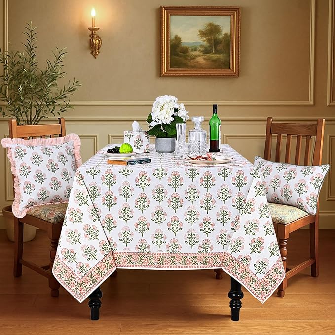 Ridhi Hand Block Print Mughal Buta Peach Rectangle Cotton Tablecloth 102" x 48" Reusable Table Cover Decorative Everyday Use for Dining, Farmhouse, Home Gift for Spring, Easter, Valentine