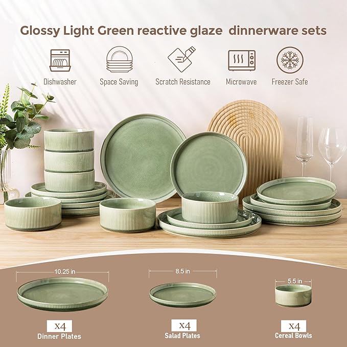 GBHOME 12-Piece Stoneware Dinnerware Set for 4 – Ribbed Ceramic Plates and Bowls, Scratch-Resistant, Microwave & Dishwasher Safe, Reactive Glaze, Light Green