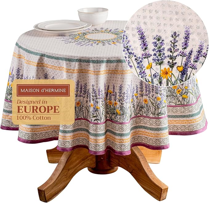 Maison d' Hermine Table Cloth Round Table 100% Cotton 69 Round Inches Tablecloth Reusable Decorative for Dining Room Farmhouse Home Valentines Day Decorations Spring Summer - Fanny Lavender
