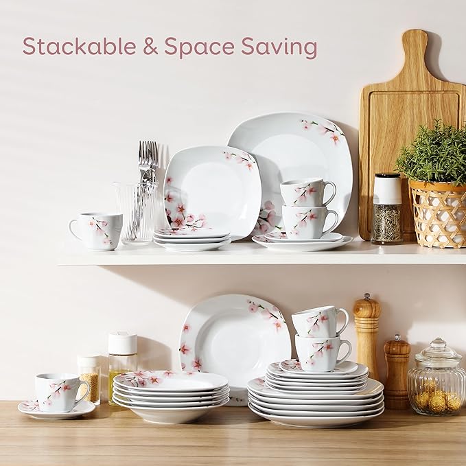 VEWEET Annie Porcelain Dinnerware for 6, 30-Piece Pink Floral Dish Set With Plates and Bowls Including Dinner, Dessert, Soup, Cups & Saucers