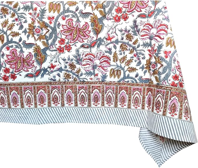 ATOSII Eden 100% Cotton Tablecloth, Handblock Floral Print Square Linen for Kitchen I Dining Table I Parties Wedding Christmas Thanksgiving Outdoors I Spring Summer Decor 60 X 60 Inches I 4 Seater