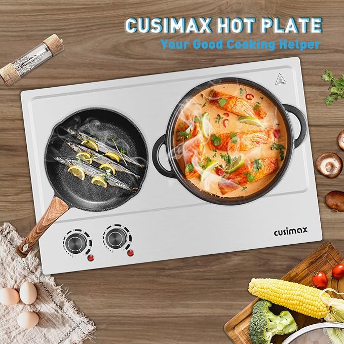 Hot Plate,Cusimax Double Burner 1800W Cast Iron Heating Plate,Electric Stove with Adjustable Temperature Control,Stainless Steel,Suitable for Various Scenarios Upgraded Version